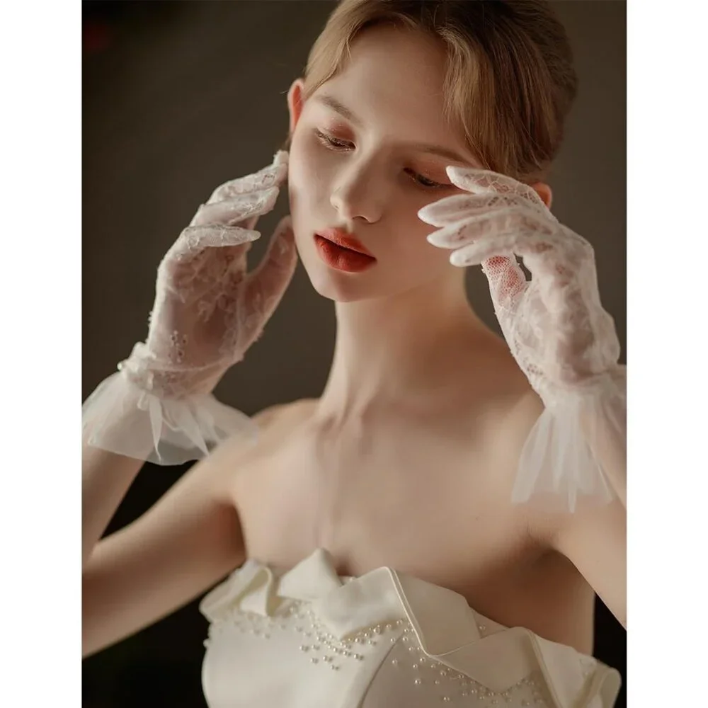 Women's White Short Pearls Lace Border Mesh Gloves Wedding Formal Party Prom
